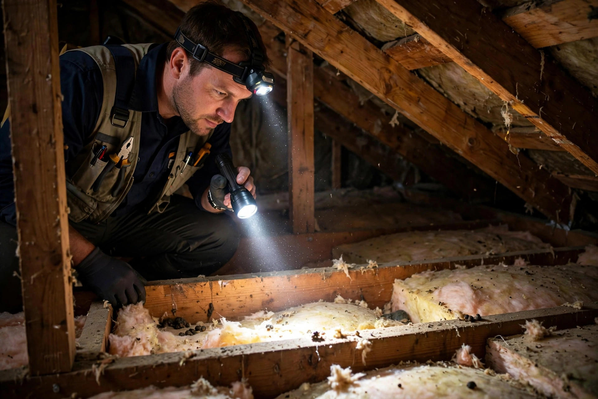 Technician inspecting a Puyallup attic for rodent activity