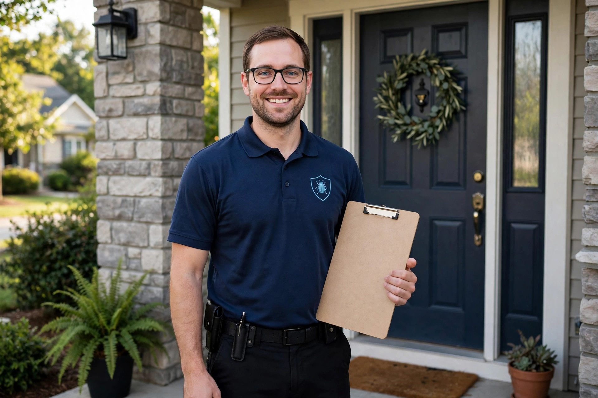 Uniformed technician with clipboard at a home's front door
