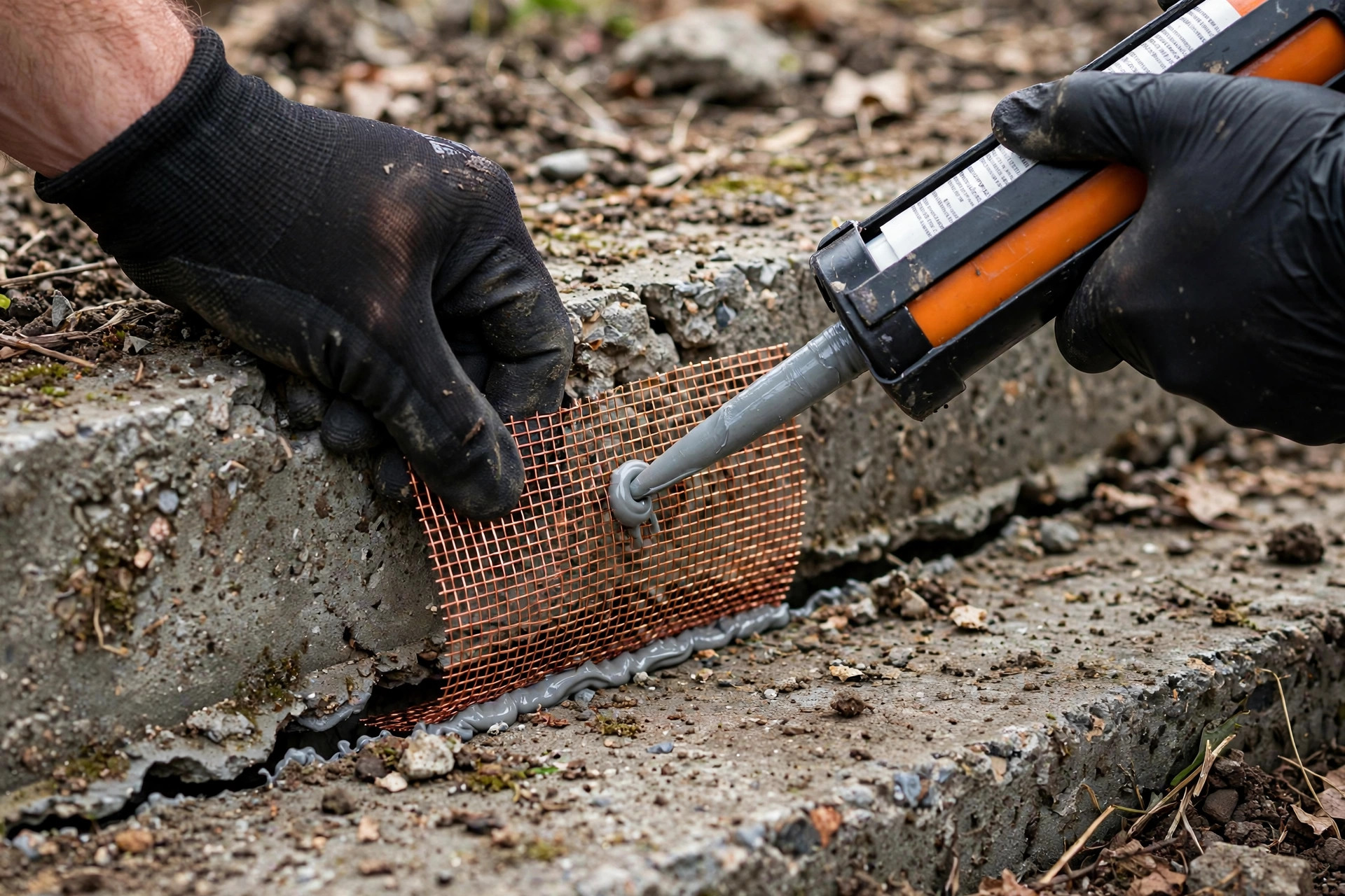 Sealing a foundation gap with copper mesh and sealant