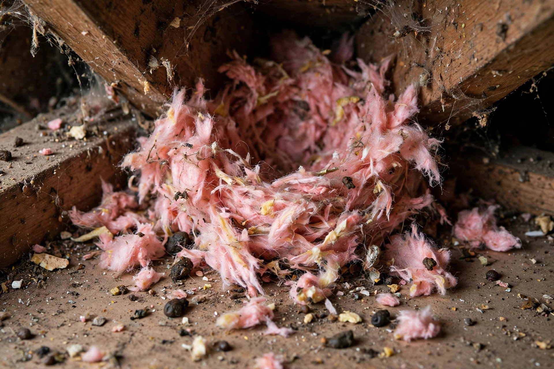 Rat nest of shredded insulation found in an attic