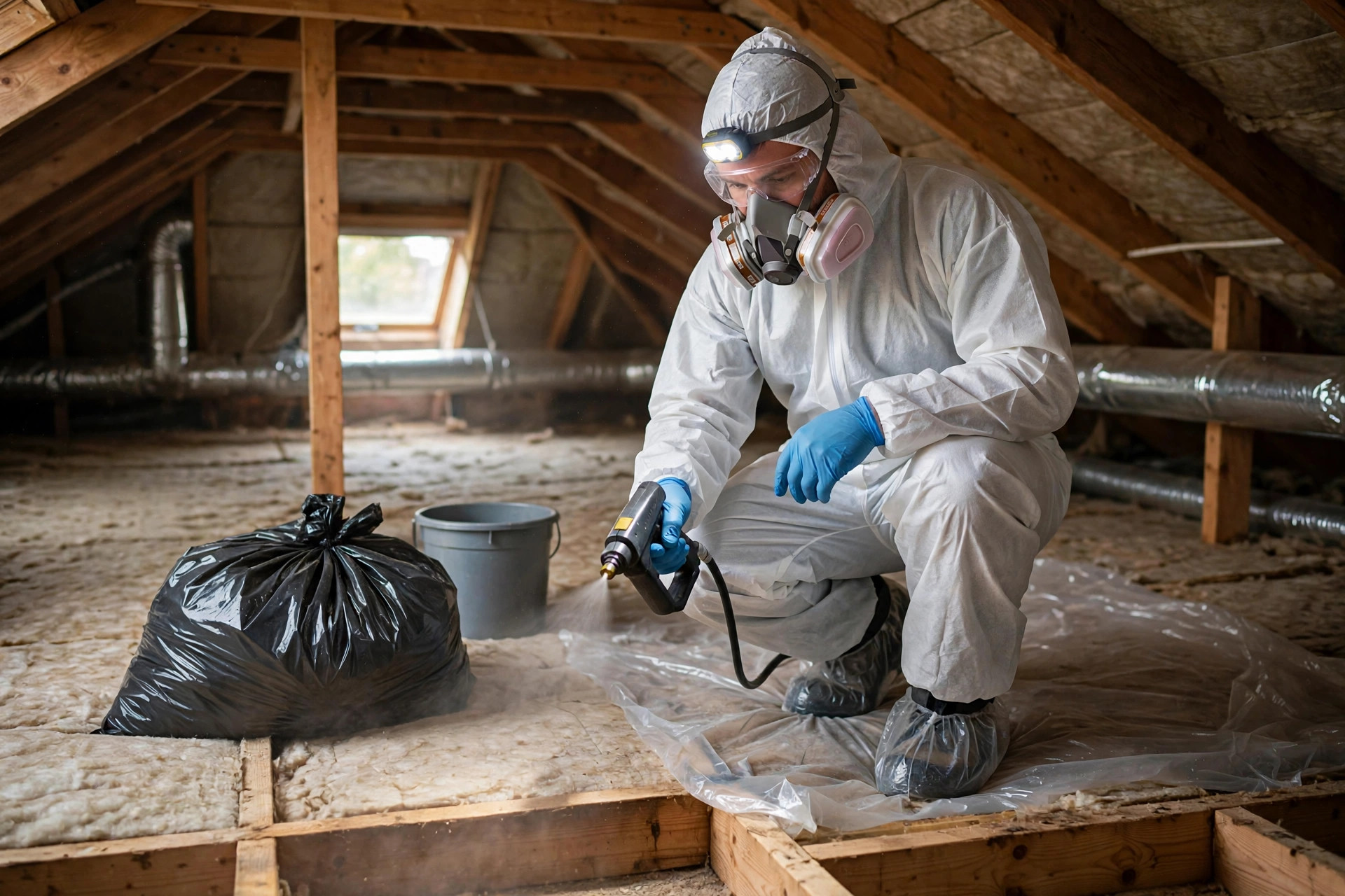 Technician sanitizing an attic after rodent removal