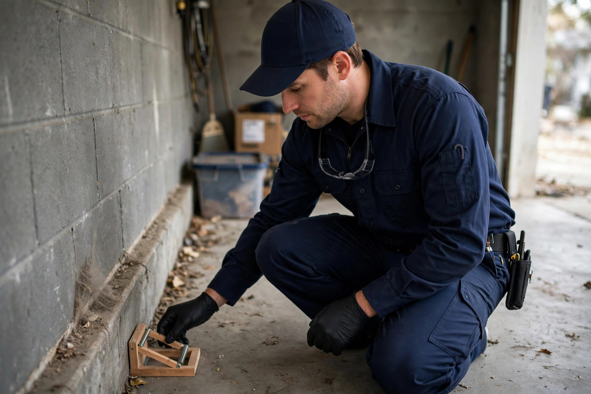 Technician placing a professional snap trap along a wall
