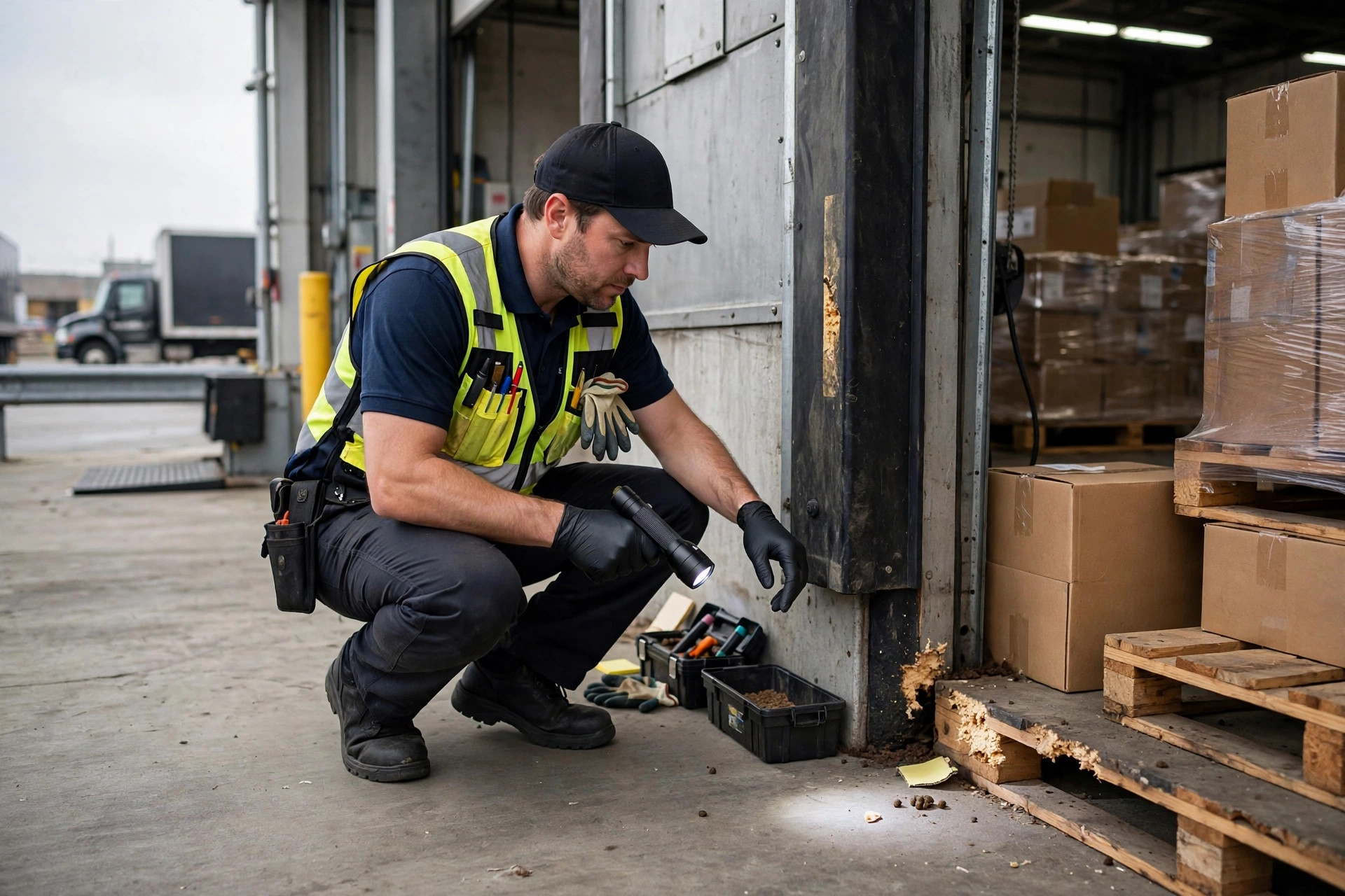 Technician inspecting a warehouse loading dock for rodents