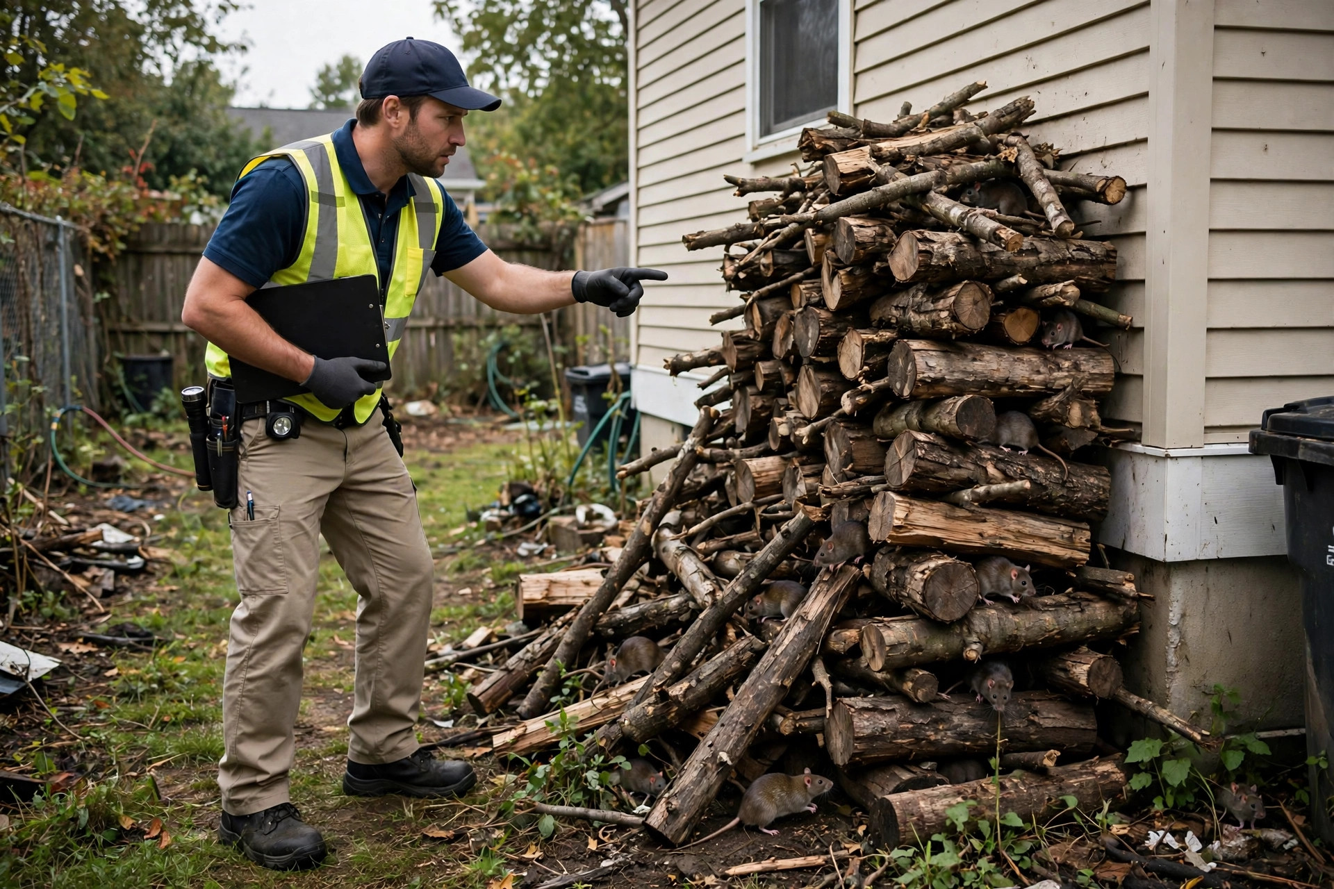 Woodpile against a house harboring rats, yard inspection